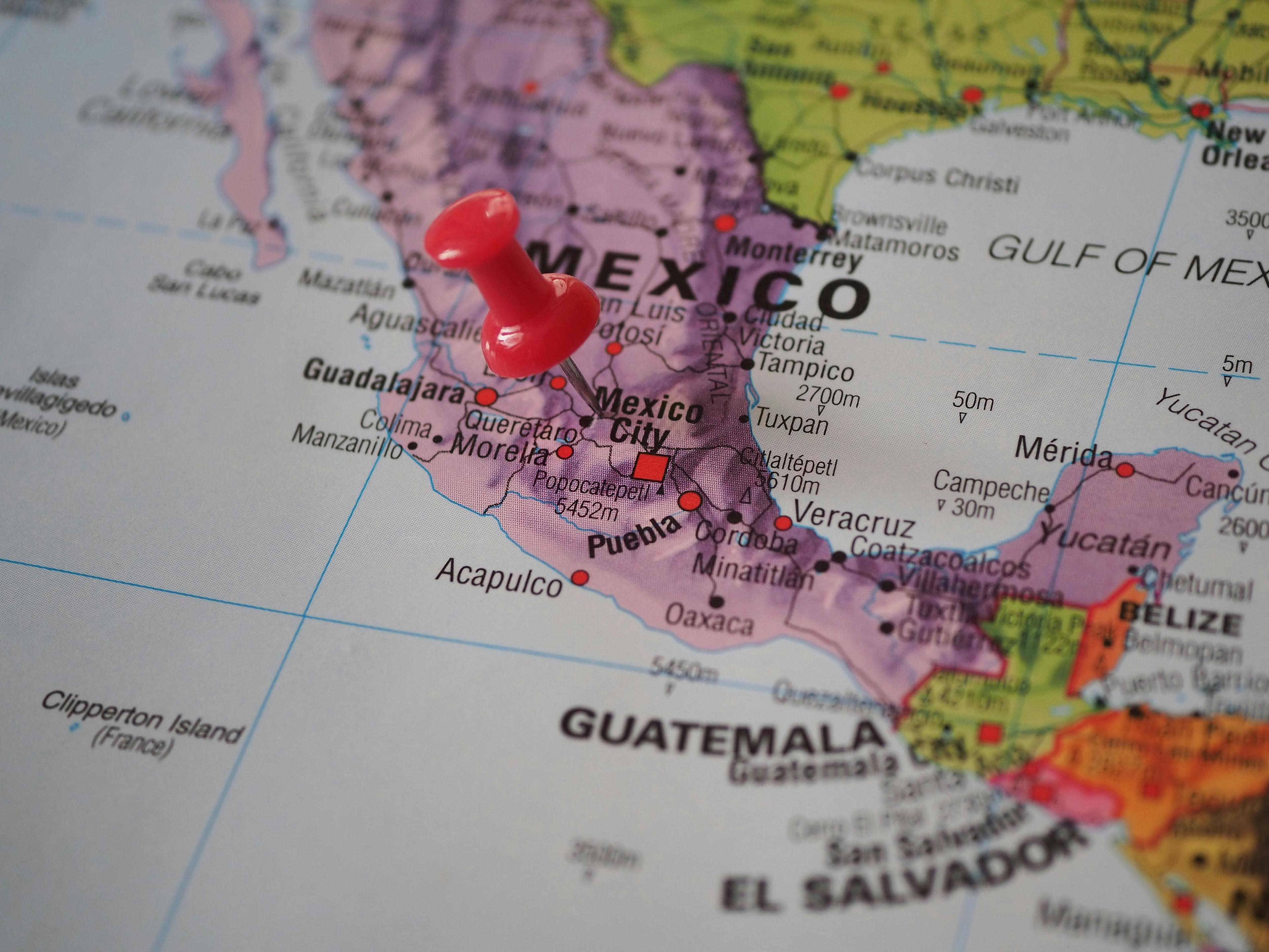 A map of mexico with a pin on it