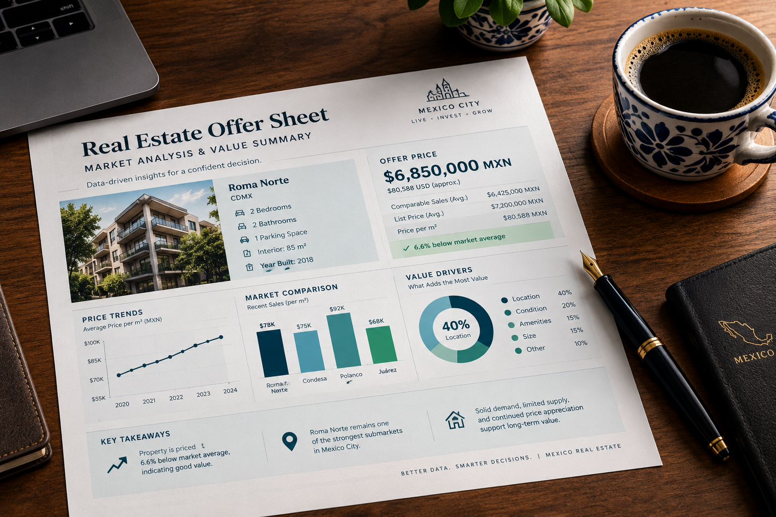 Desk with offer sheet, analytical charts, fountain pen, and Mexican coffee
