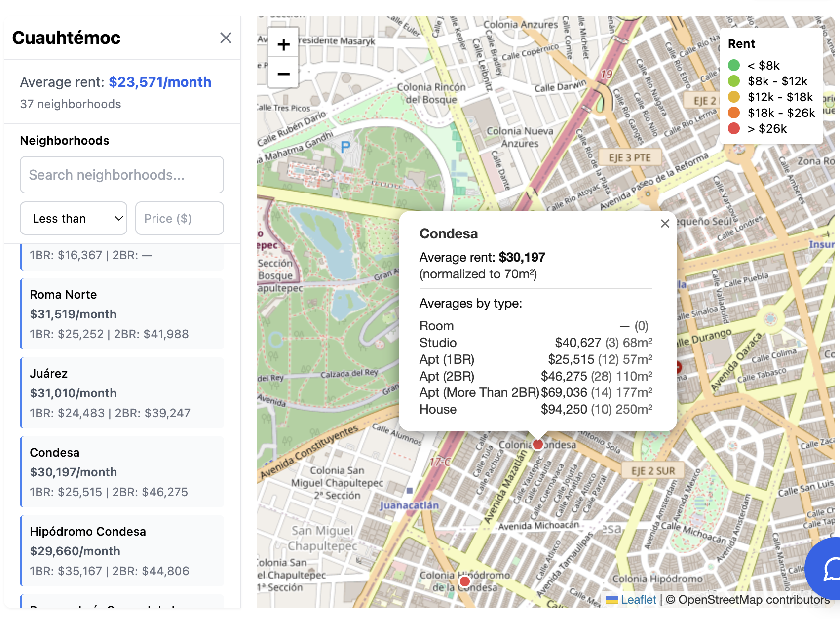 PropTrenz interactive rent map showing rental prices across Mexican neighborhoods