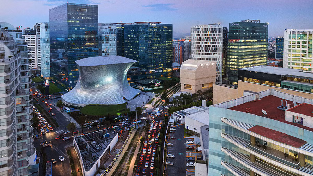 Modern apartment buildings in Polanco, showcasing the upscale architecture and surrounding cityscape.