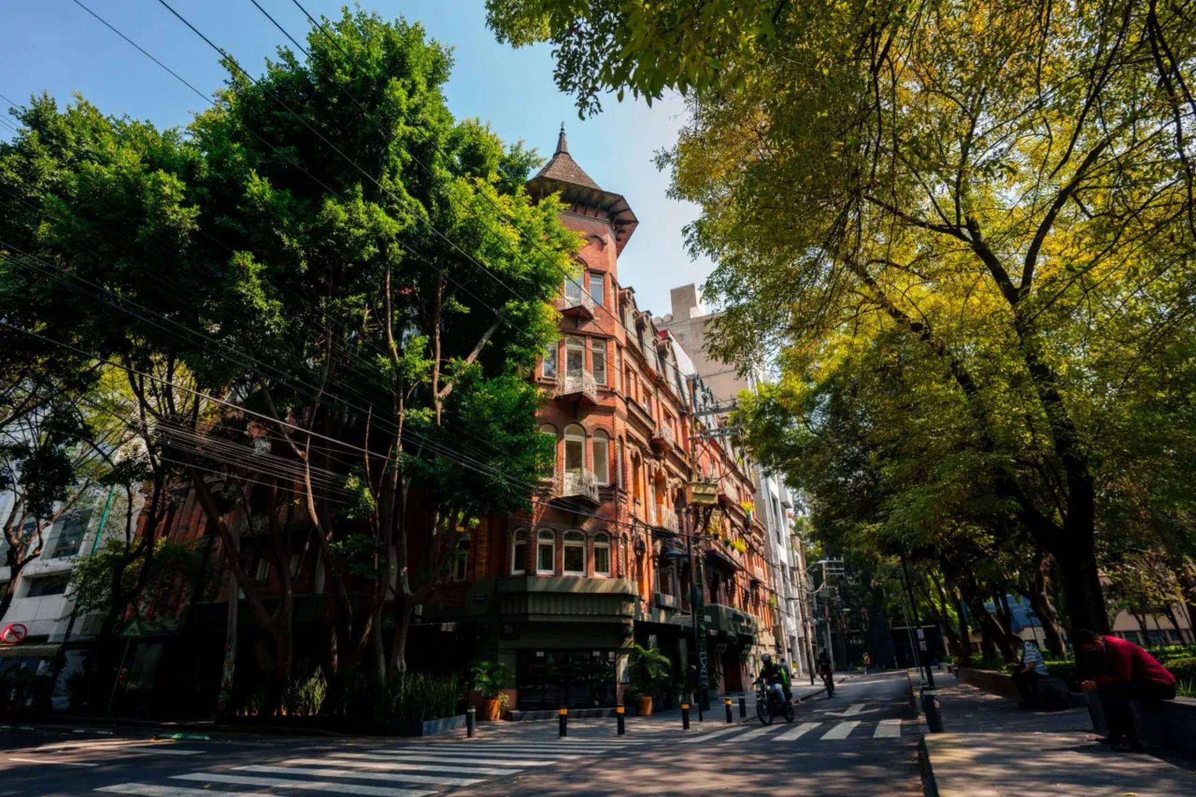A street scene in Roma Norte, showcasing the colorful buildings and vibrant street life, with pedestrians and cyclists.